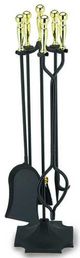 4-Piece Fireplace Tool Set - Black and Polished Brass - Ball Handles